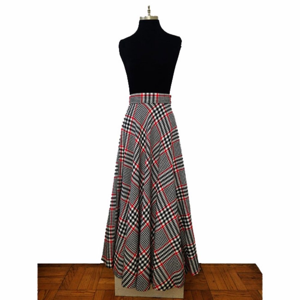 Vtg 70s Handmade Bias Cut Plaid Maxi Skirt S/M